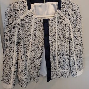 Navy and White Tweed Open-Front Jacket